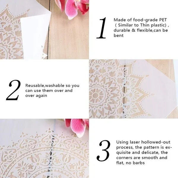 Stencil blanc motifs floraux géométriques papillon lune artisanal laser cut 20cm 20cm