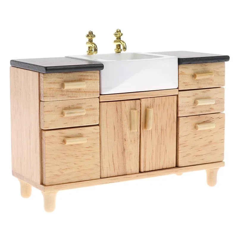 meuble salle bain miniature bois tiroirs porte évier blanc robinets dorés moderne