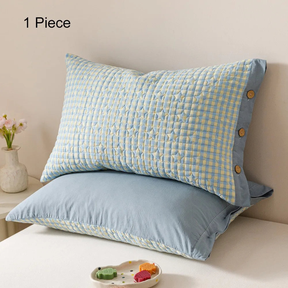 housse coussin rectangulaire coton polyester carreaux rayures bleu clair rouge gris clair moderne fixation
