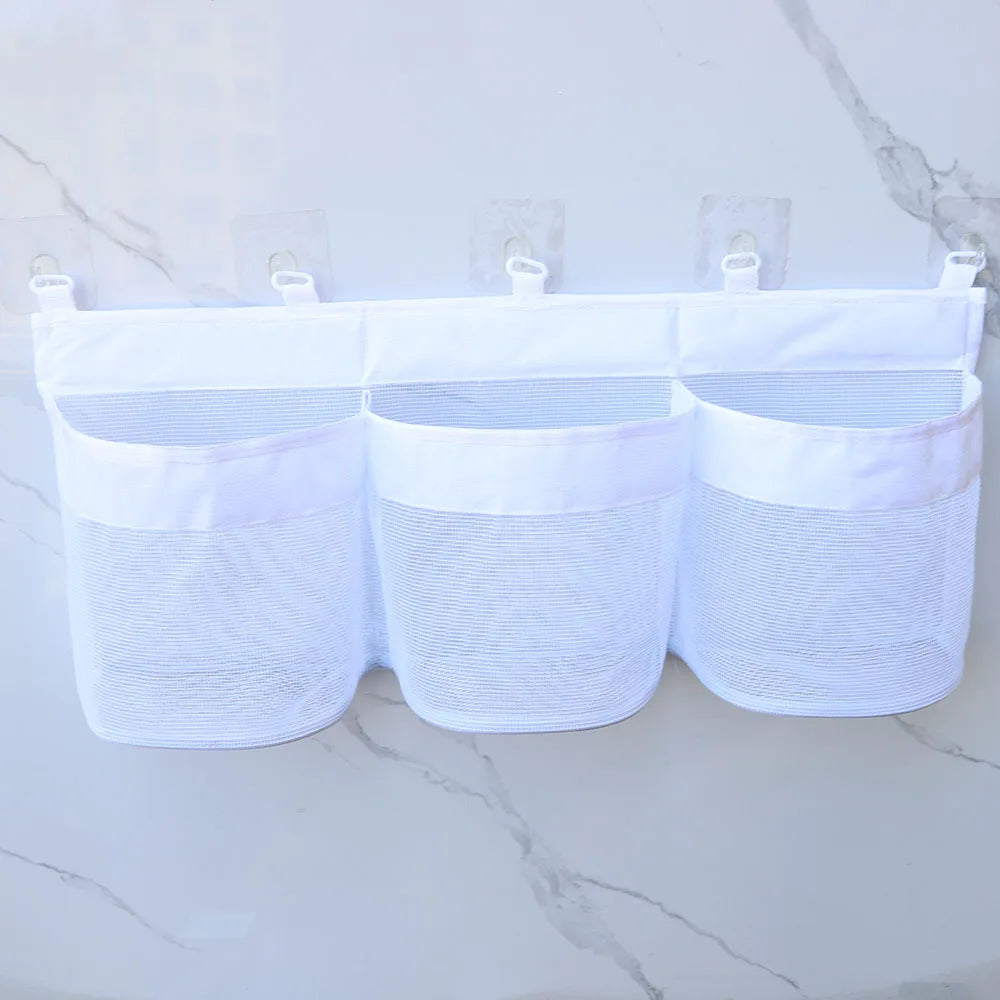 rangement baignoire sac maille blanc moderne clips adhésifs fixe toile organisateur chambre blanc