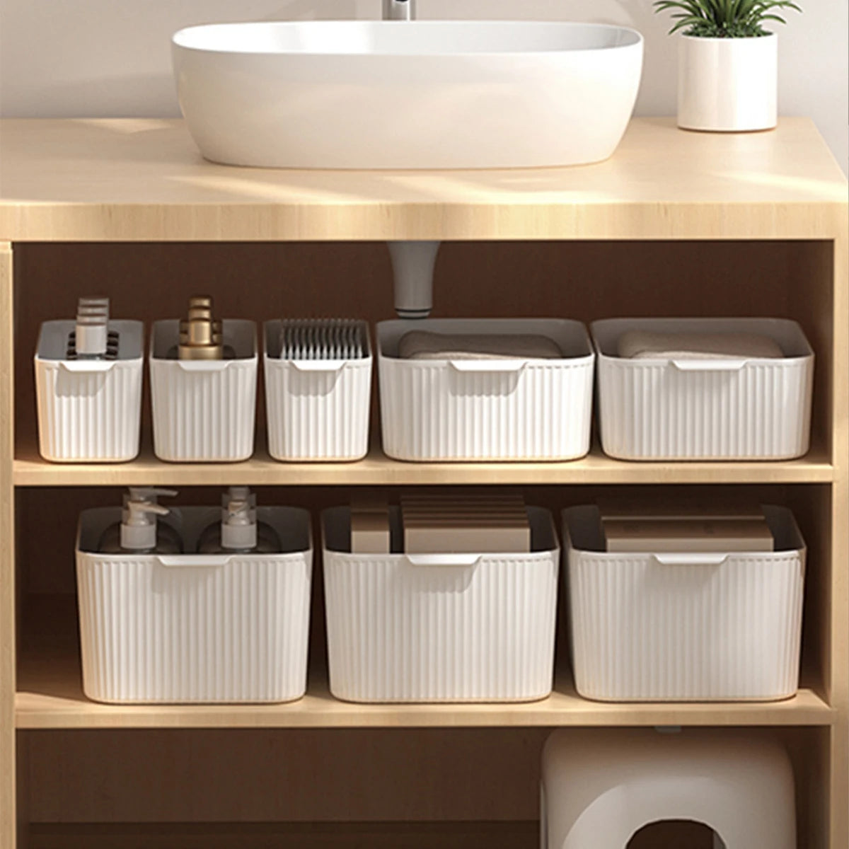 boîtes rangement blancs rayures verticales modernes respectueuses environnement empilables multifonctionnelles poignée