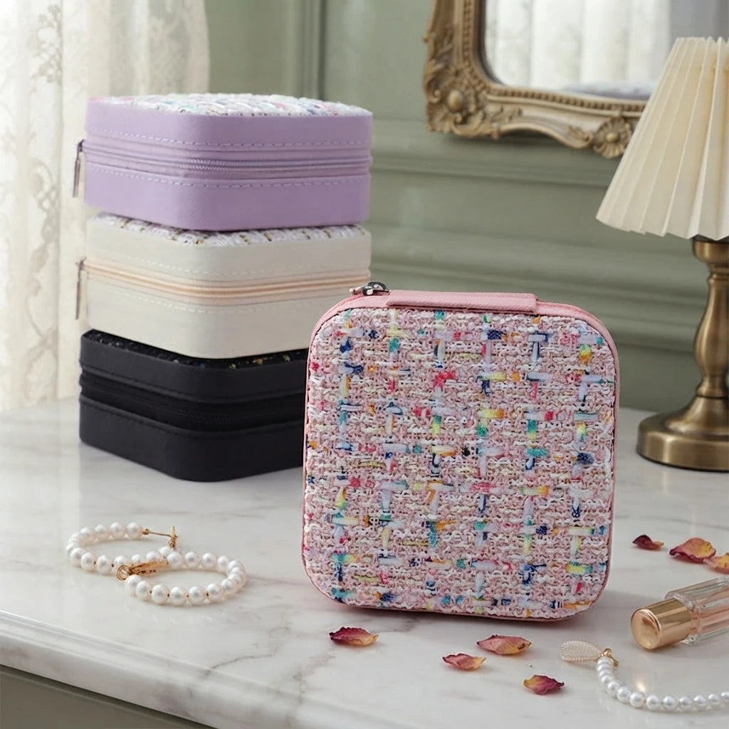 boîte rangement bijoux cuir pu rose noir rouge violet classique tissu carreaux glissière