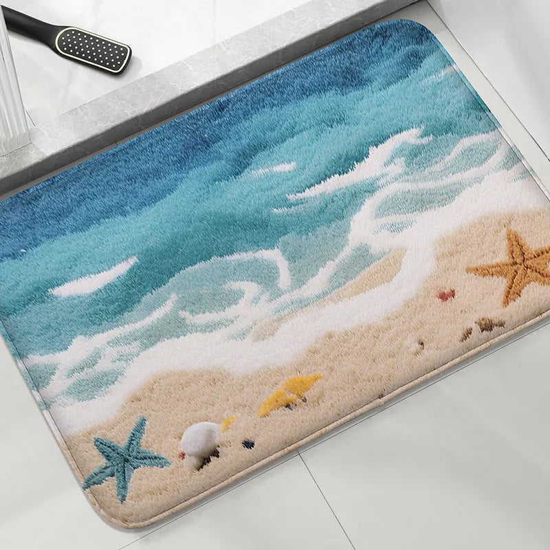 tapis sol salle bain moderne motif marin hippocampes bleu beige blanc absorbant'eau