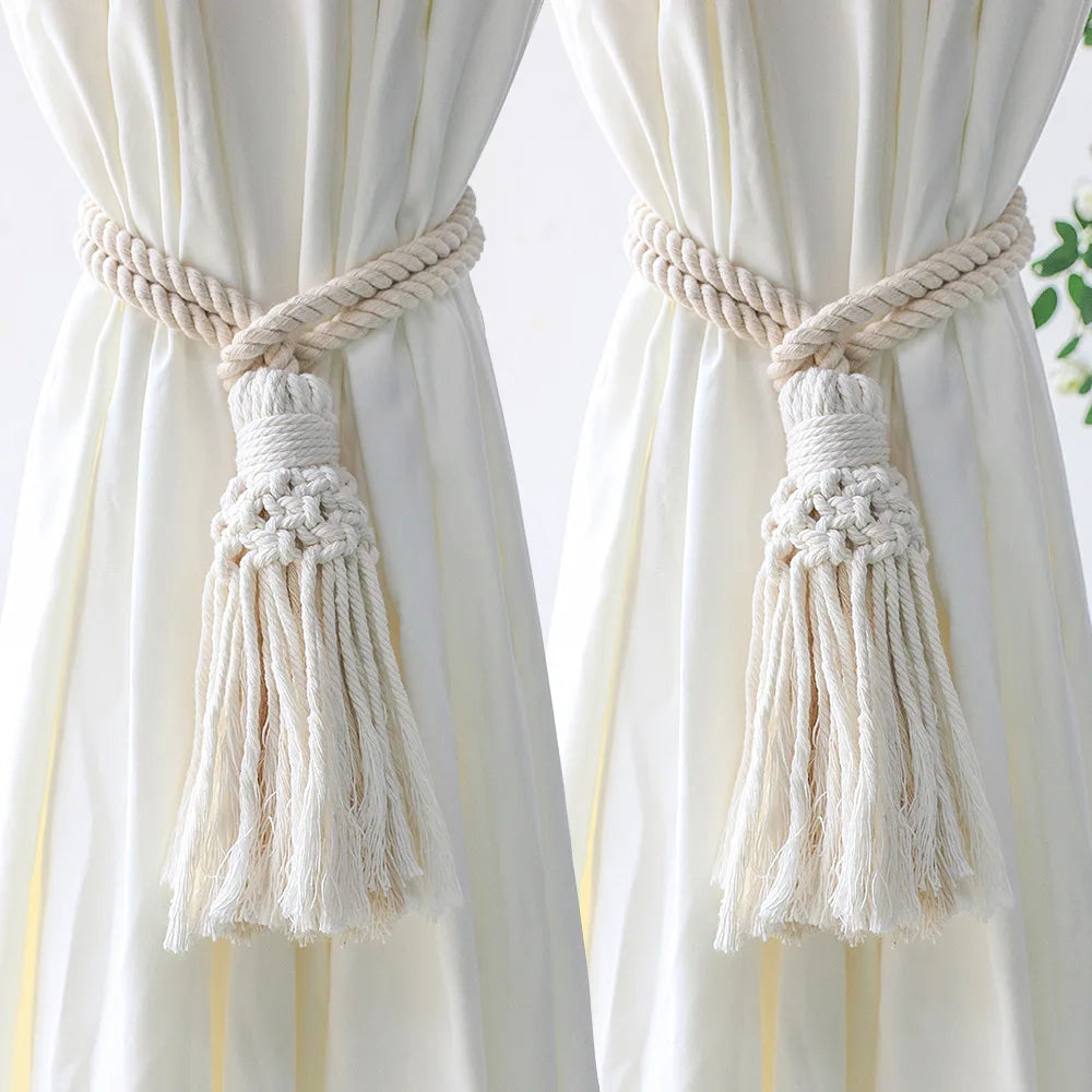 rideau polonais boho blanc rayures jaunes bois pompons adhésif coton moderne