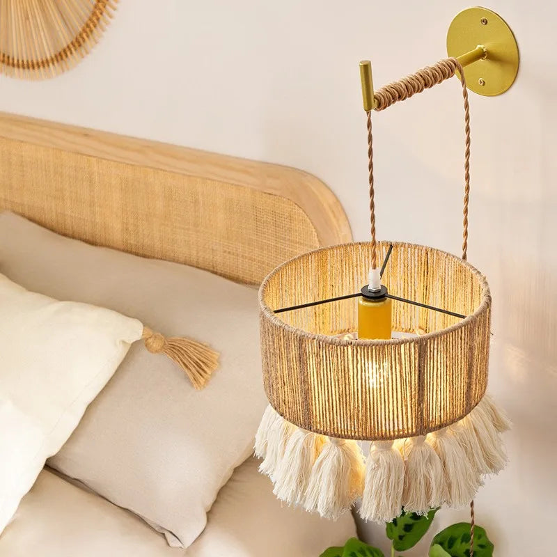 lampe murale bohème tressée franges beige or chambre salle manger éclairage quotidien LED semi