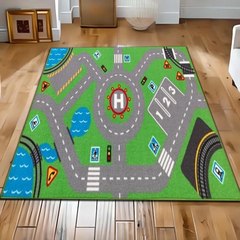 tapis urbain enfants voitures routes bâtiments moderne polypropylène vert gris blanc