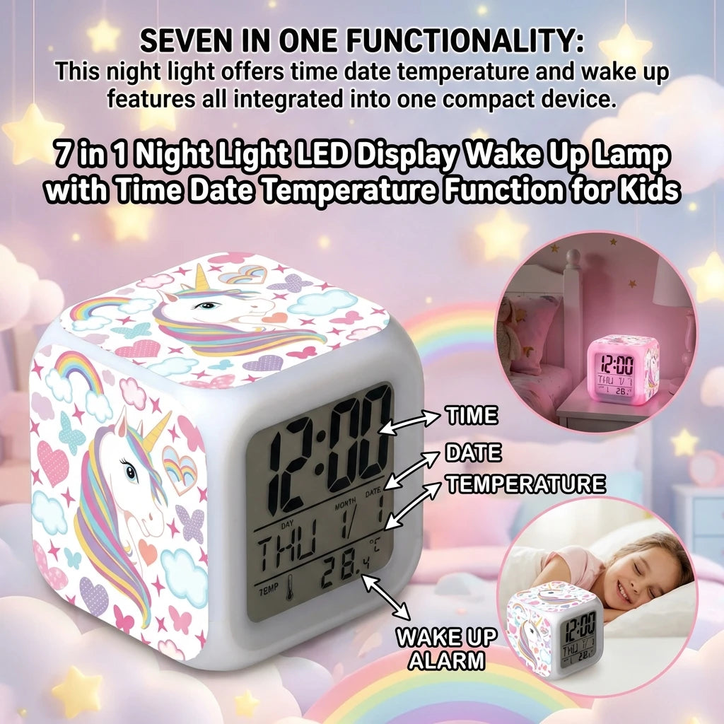 horloge veilleuse led licorne coeurs nuages étoiles arc ciel blanc moderne enfant