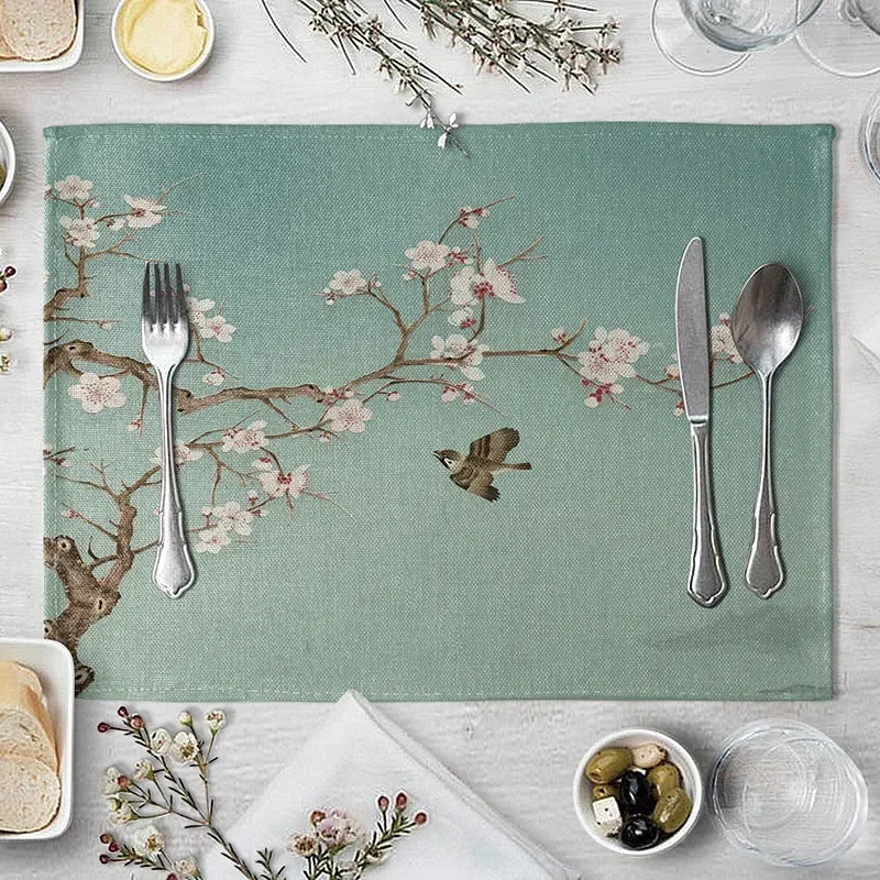 set table lin motif floral oiseaux vert beige blanc rose marron decoratif asiatique table