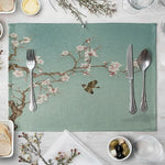 set table lin motif floral oiseaux vert beige blanc rose marron decoratif asiatique table