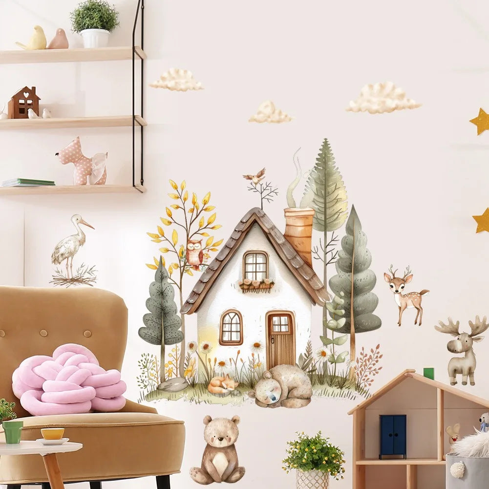 sticker mural illustration aquarelle maison animaux foret enfantine decoration nuages arbres