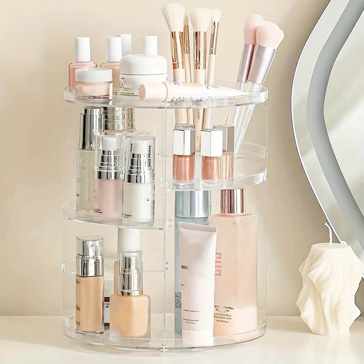 organisateur maquillage rotatif transparent moderne brosses vernis fond teint crèmes cosmétiques salle bain
