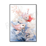 Un superbe poisson rose nageant parmi les fleurs aquatiques dans un décor marin aux couleurs délicates.