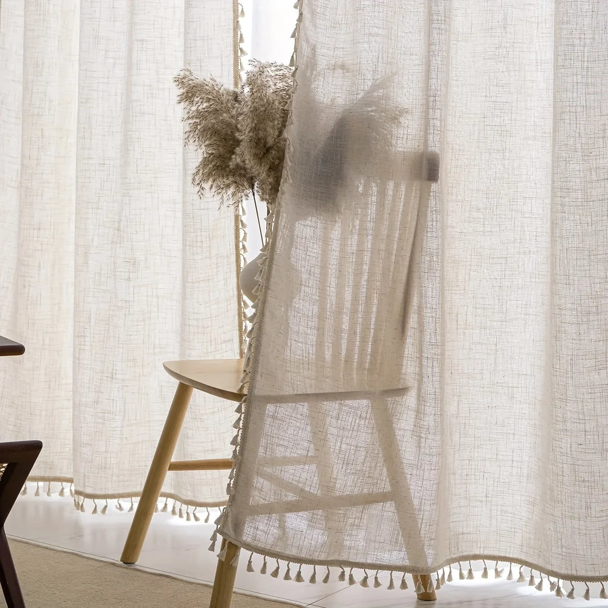 rideau rustique boho chic beige clair tissu polyester franges opacité