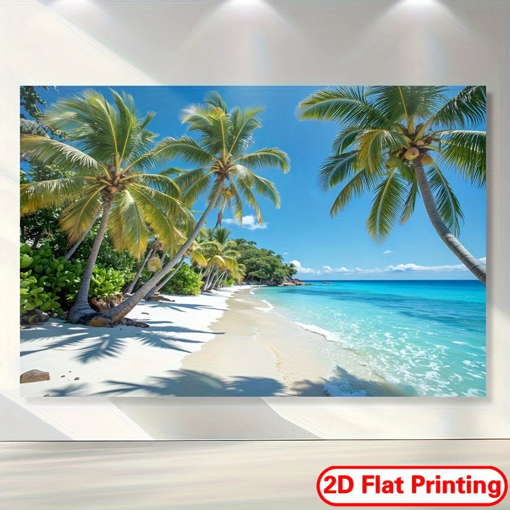 affiche murale paysage marin palmiers ciel bleu plage blanche métalliques chambre salon decoration française