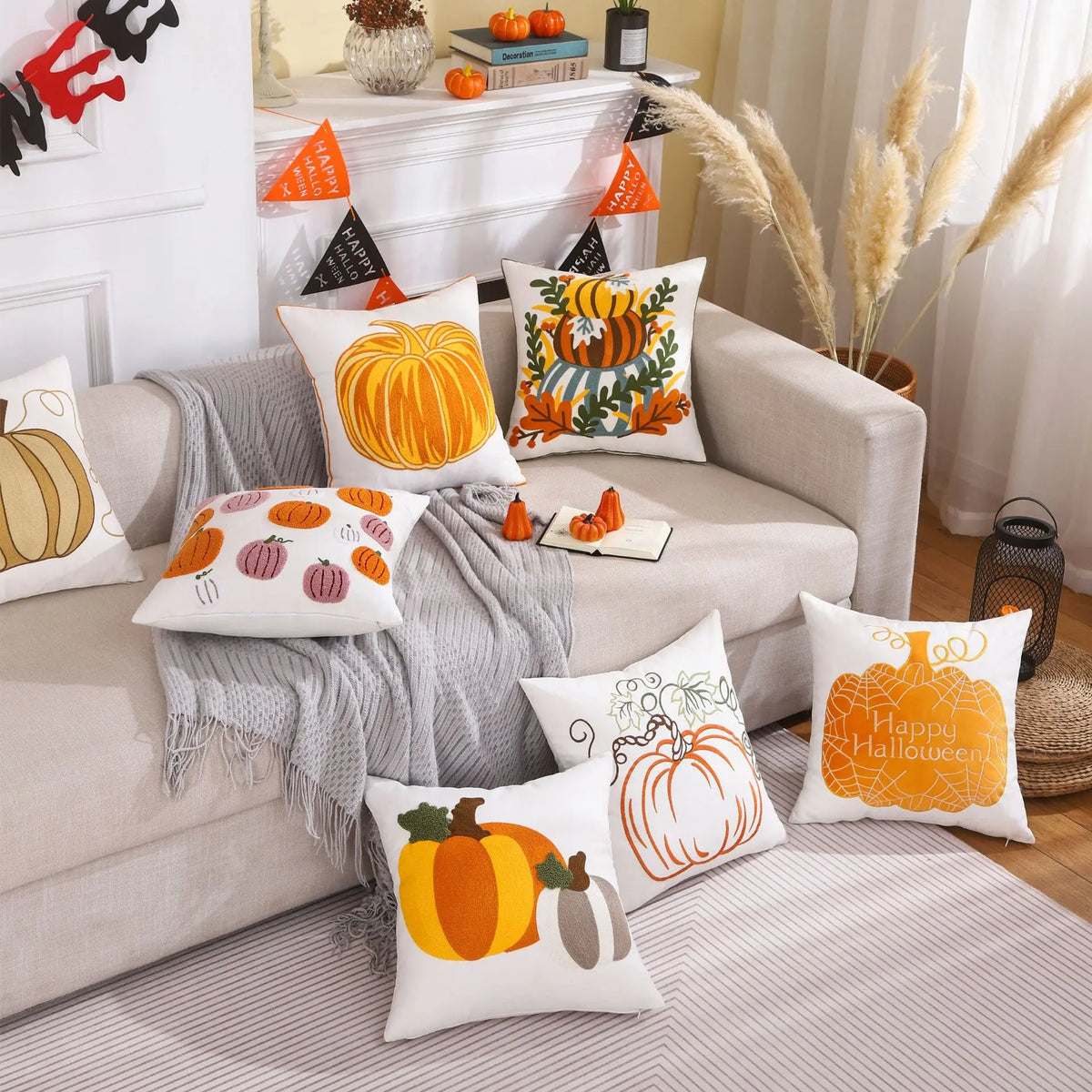 coussin carré halloween citrouilles feuilles deco moderne blanc opacité jacquard polyester fixations