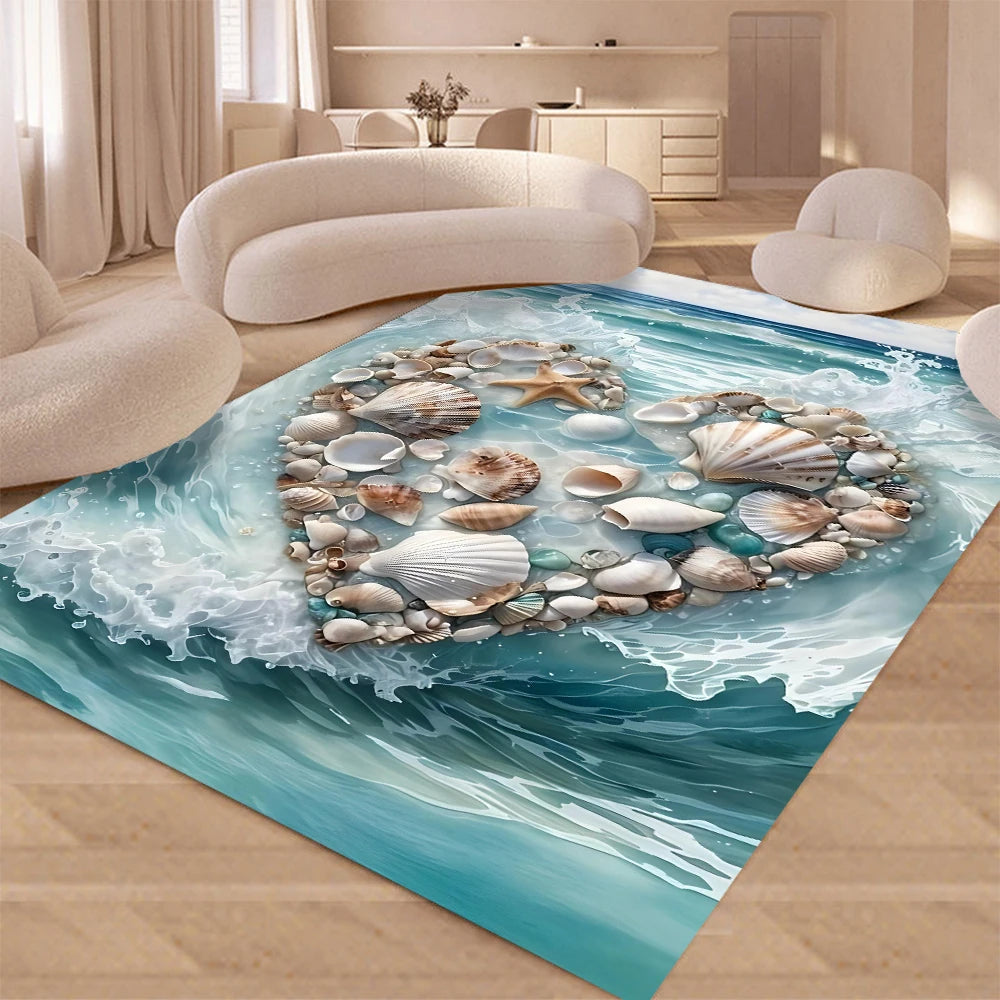 tapis sol moderne motif marin étoile mer coquillage bleu beige salon chambre décoratif