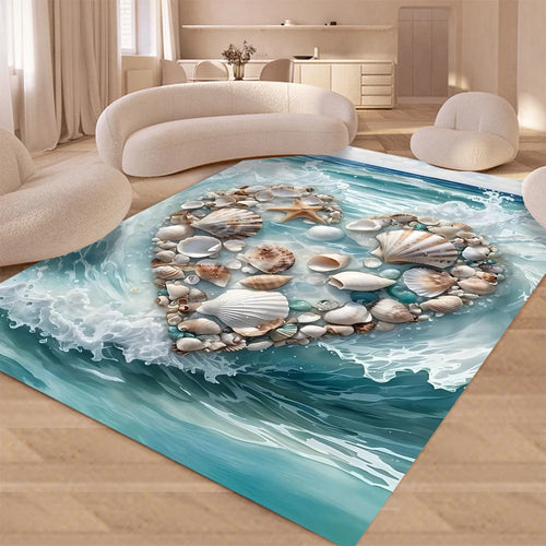 tapis sol moderne motif marin étoile mer coquillage bleu beige salon chambre décoratif
