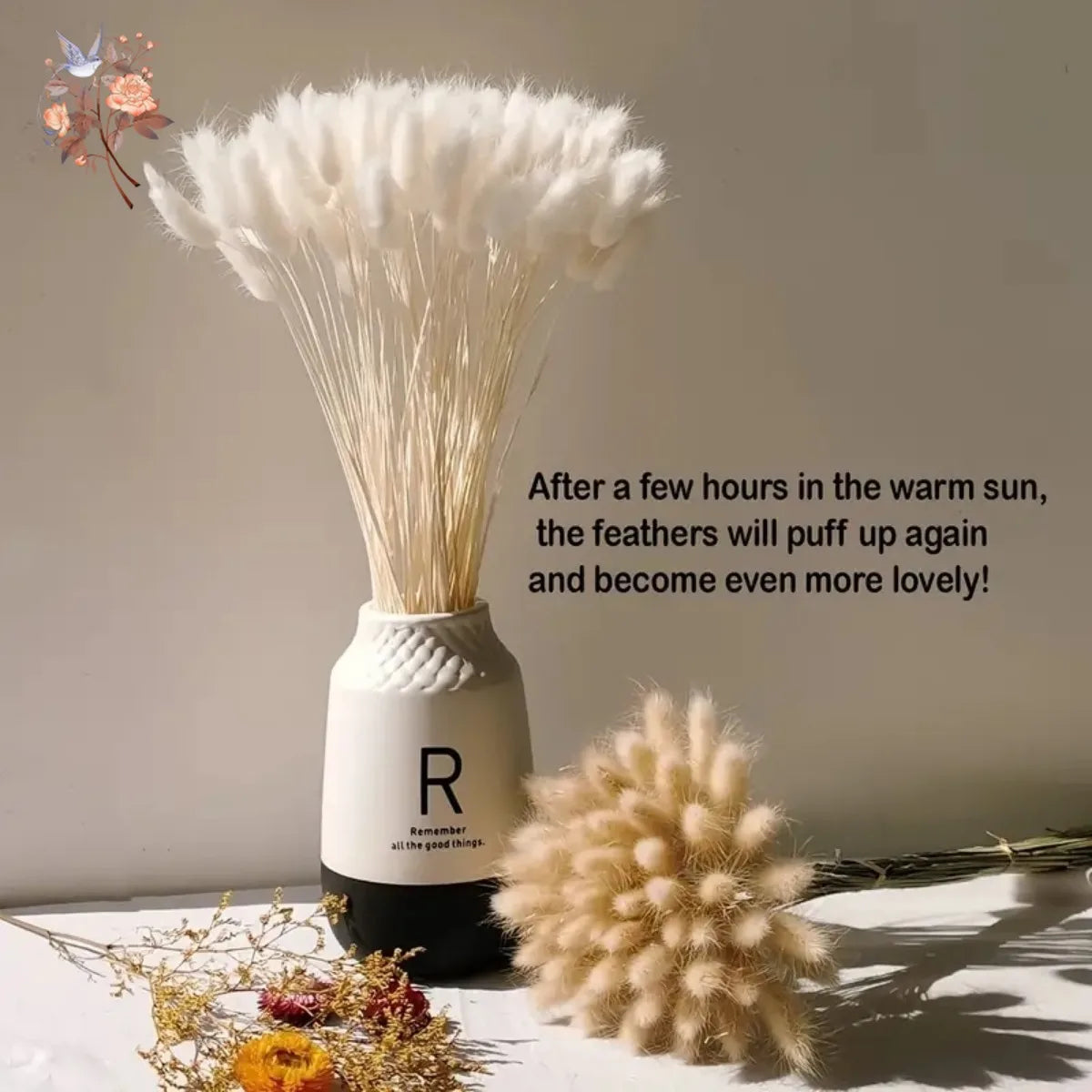 bouquet plumes séchées naturel blanc beige vase ruban decoration maison anniversaire mariage