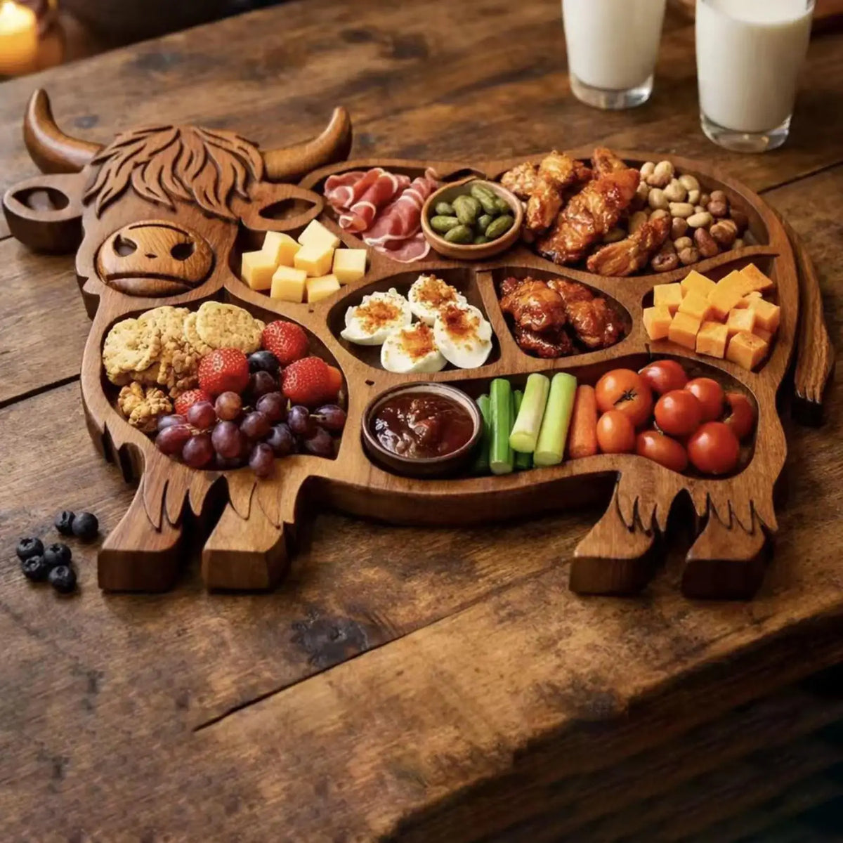 plateau charcuterie bois naturel taureau traditionnel fromage viande fruits légumes sauces