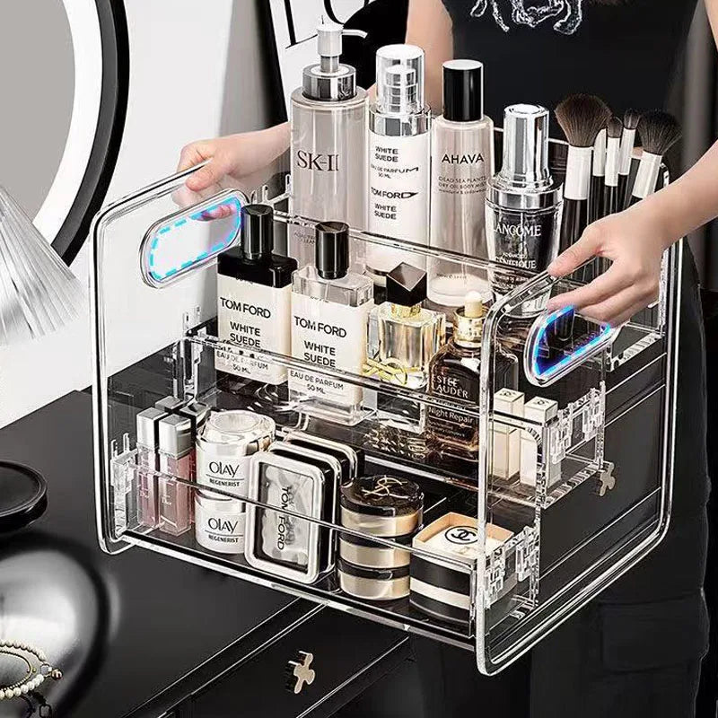 organisateur maquillage transparent moderne réutilisable compartiments clips fixations soins peau parfums cosmétiques porte maquillage