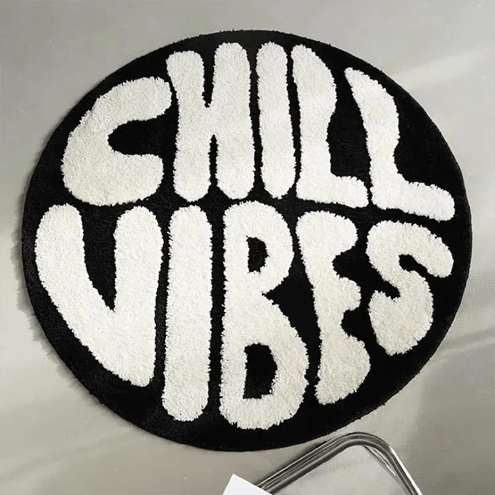 tapis rond polyester chill vibes antidérapant moderne salon chambre noire blanche