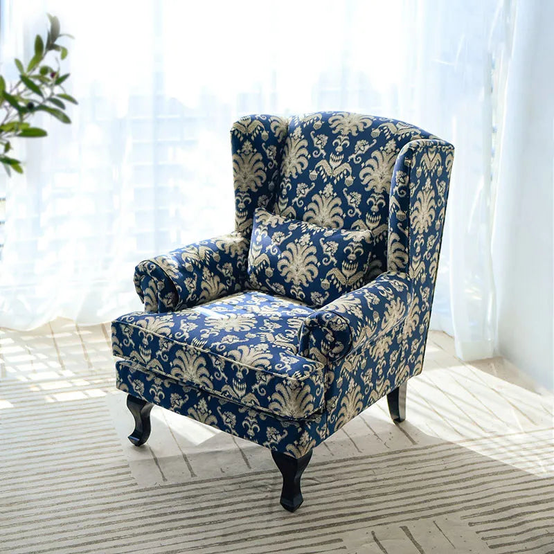 fauteuil classique bleu damassé coussin tissu composite bois sponge chambre salon minimaliste moderne