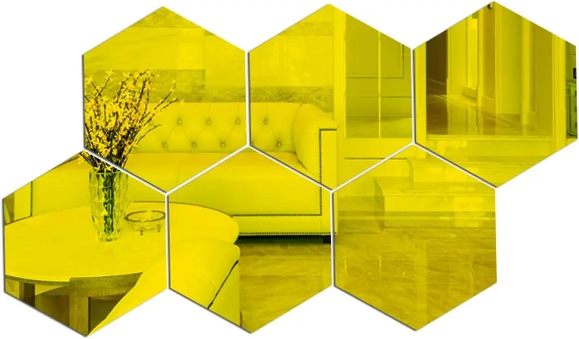 miroirs hexagonnels modernes adhésifs jaune gris bleu marron opaques chambre salon