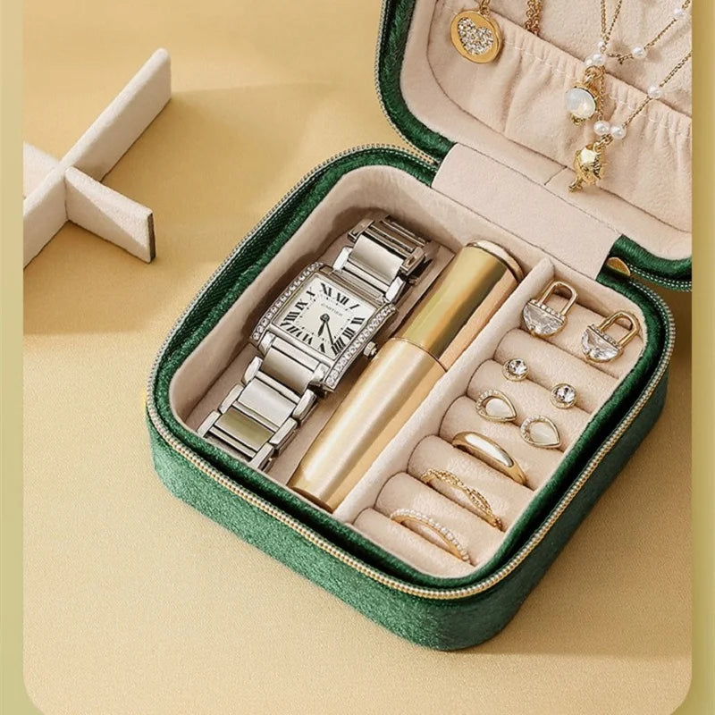 boîte bijoux velours fermeture éclair ranger colliers bagues boucles d'oreilles