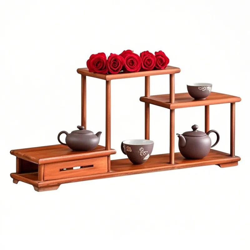 étagère bois marron clair moderne minimaliste tasse thé théière bouquet roses artificielles display stand