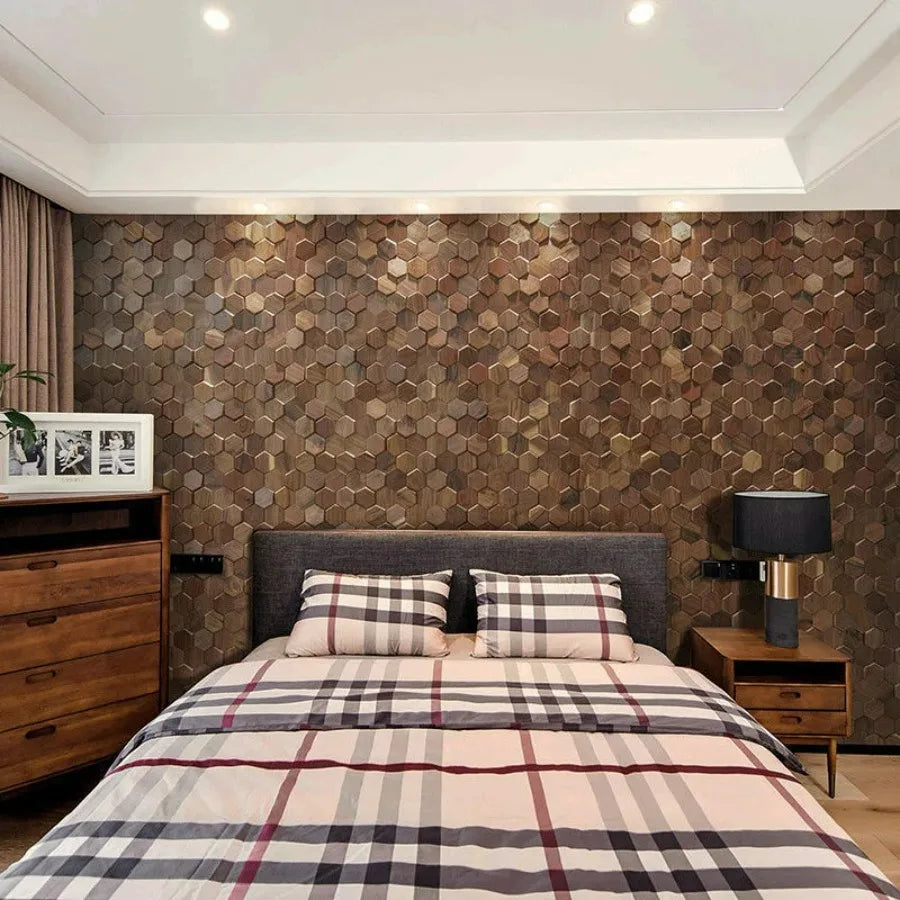 mosaïque hexagonale bois marron moderne décoration murale chic pièces irrégulières gravure naturelle