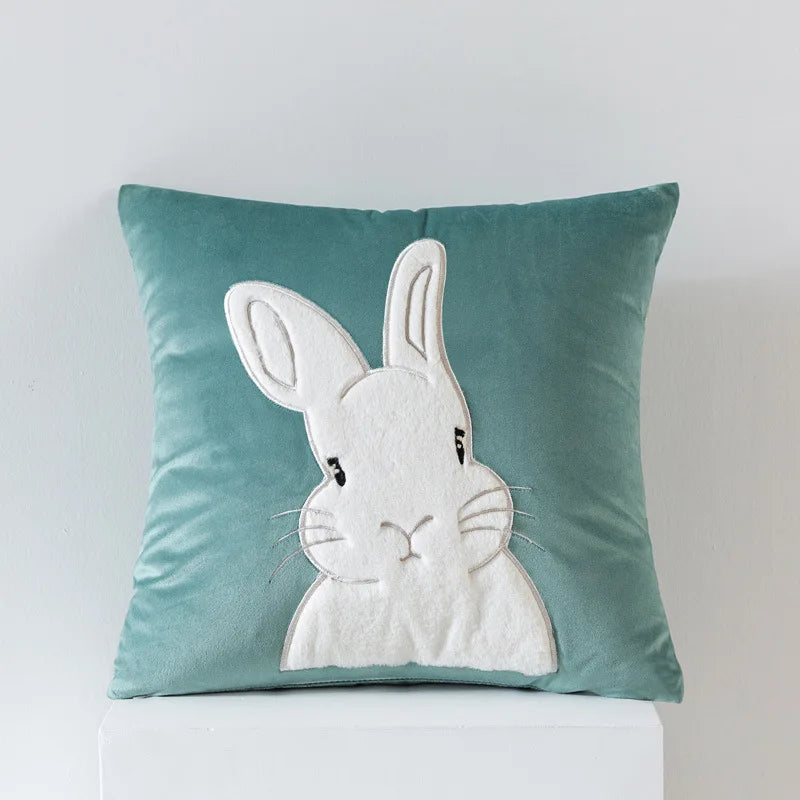 coussin gris clair motif lapin blanc mignon fermeture glissière ultra doux polyester coton jacquard