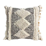coussin brodé géométrique moderne toile coton couleur beige pompons décoratif