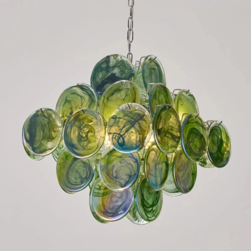 suspension lumineuse moderne rose verte verre transparent chaîne métallique 65cm 65cm