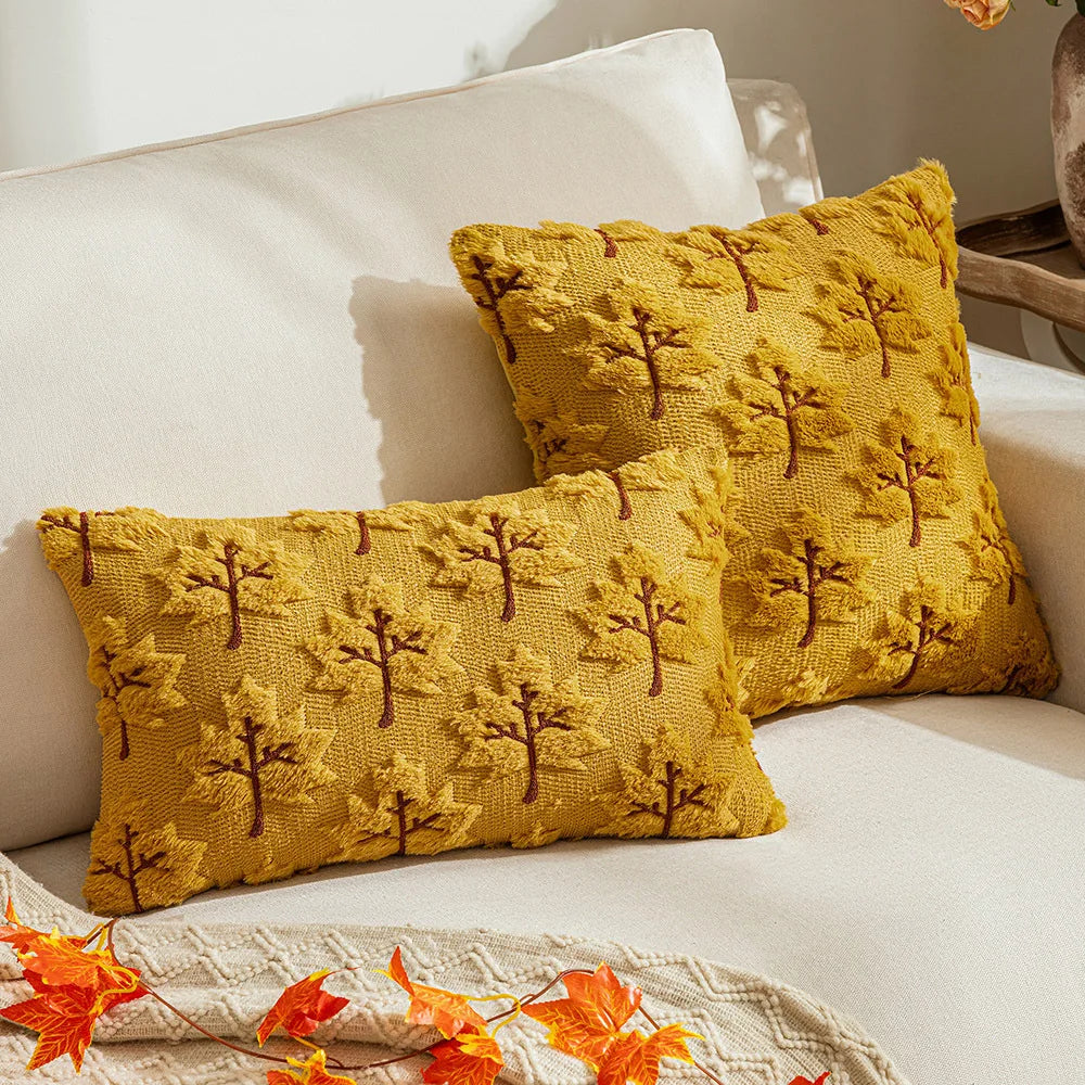 housse coussin peluche motif arbre rustique beige orange decor automne canape lit sofa