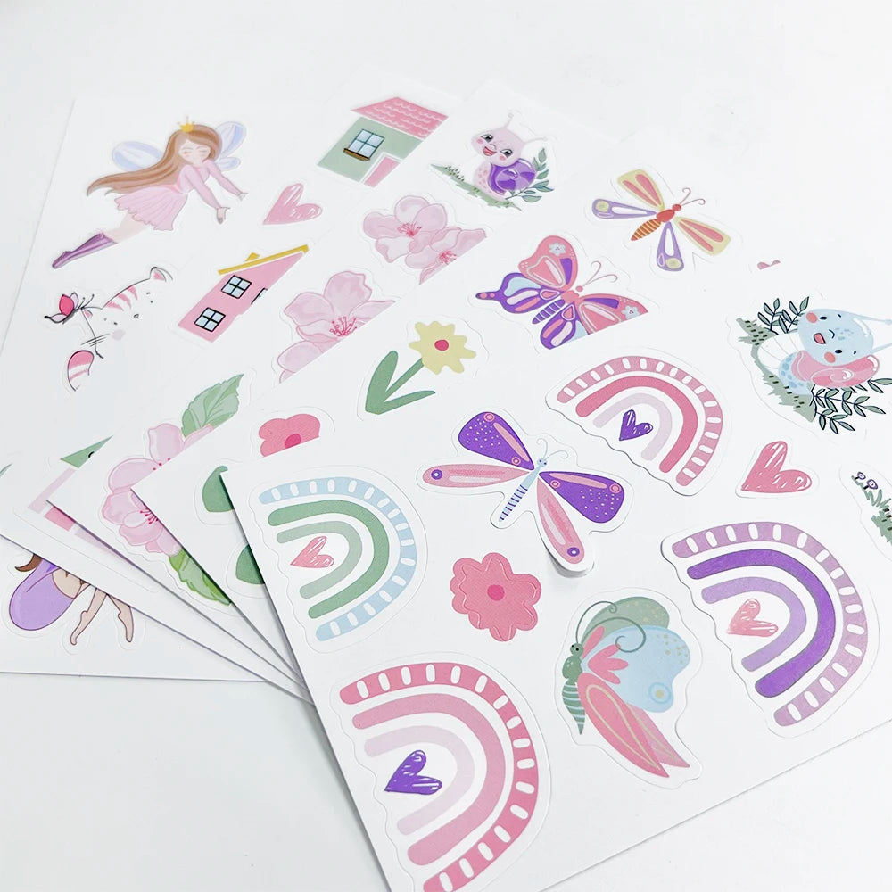 sticker adhésif dessin animé fleurs papillons coeurs maison insectes rose violet vert blanc