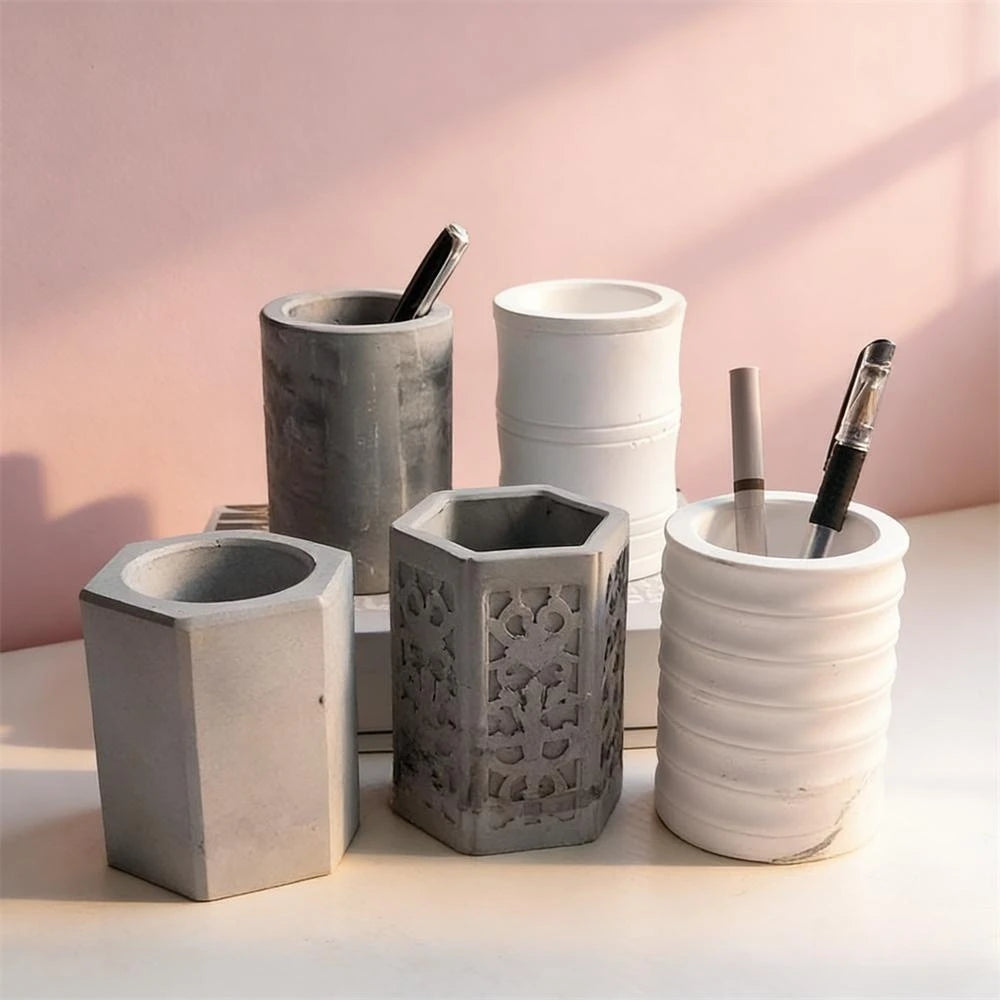 pot stylos silicone texture béton motif géométrique moderne gris blanc minimaliste