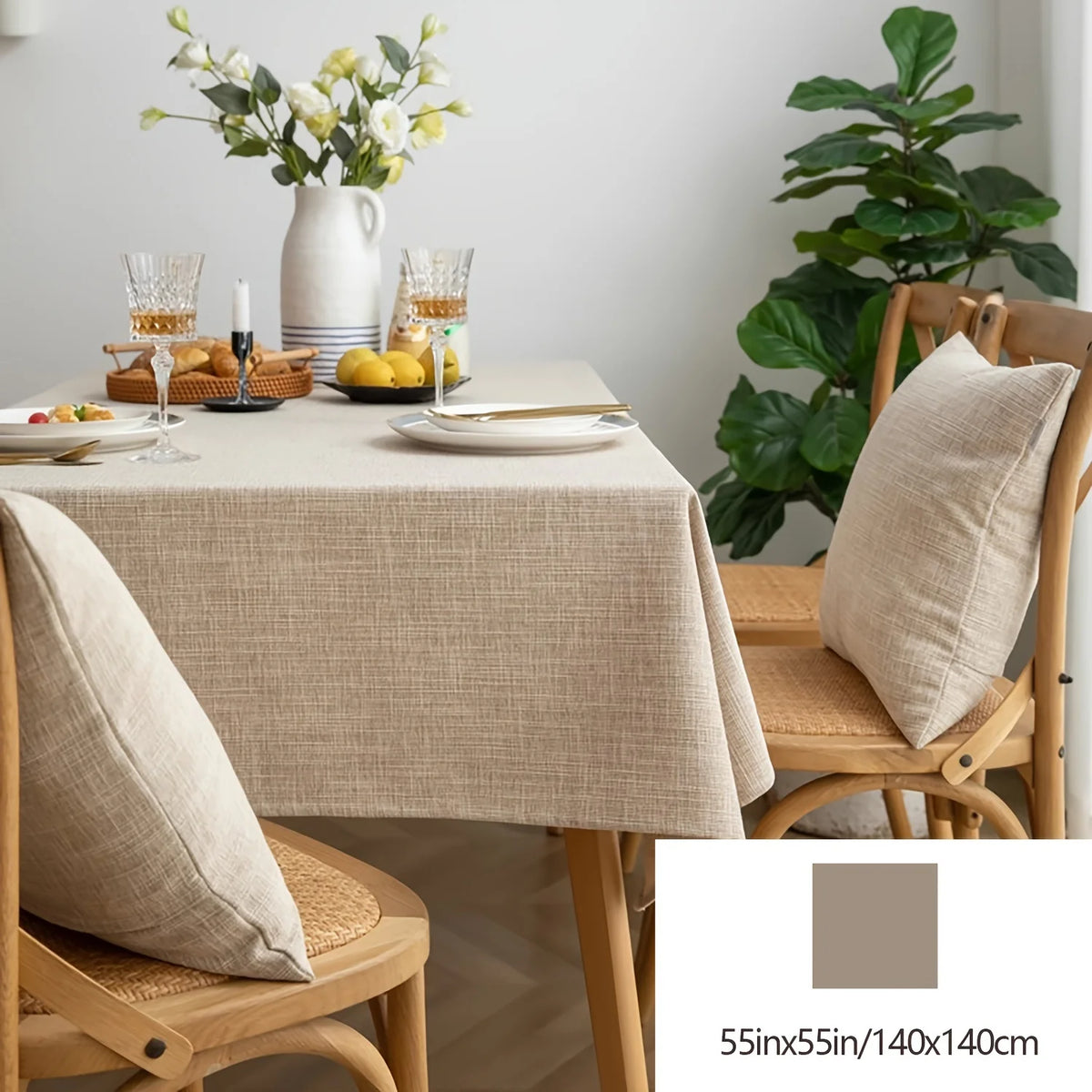 nappe réutilisable lin beige scandinave minimaliste rustique coussins chaises assiettes citrons bougies