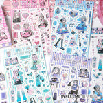 sticker kawaii fille personnages coeurs geometrique textes rose bleu violet doux
