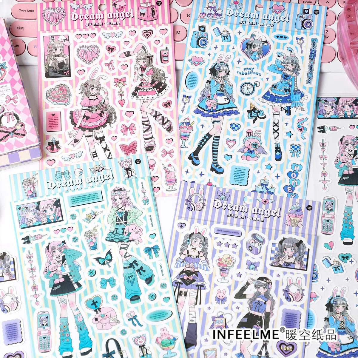 sticker kawaii fille personnages coeurs geometrique textes rose bleu violet doux