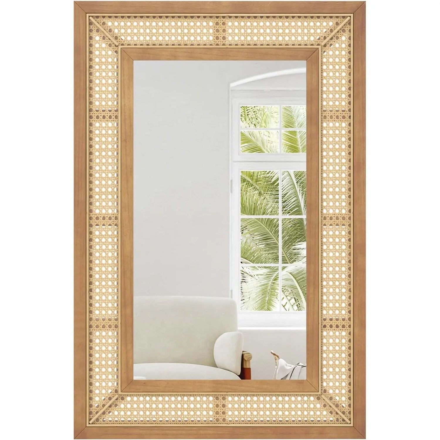 Grand miroir mural en rotin cadre bois naturel vue d'ensemble
