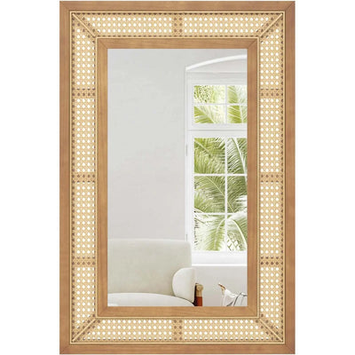 Grand miroir mural en rotin cadre bois naturel vue d'ensemble