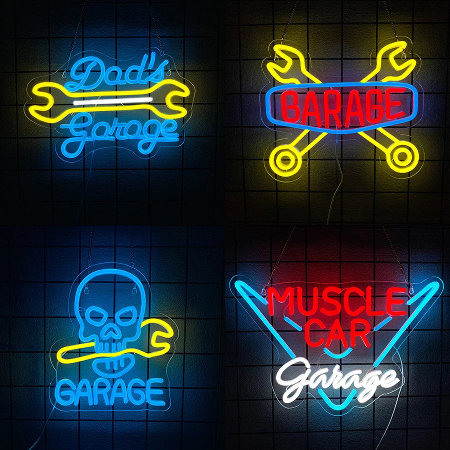 Enseigne lumineuse néon camion vert pomme sur mur de garage