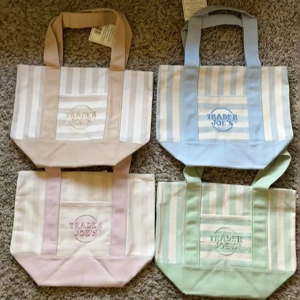 sac main toile rayé beige rose vert bleu poignées détachables moderne casual écologique multi
