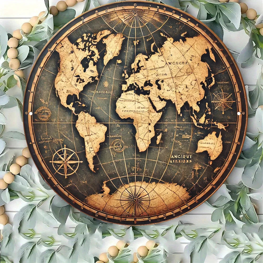 décoration murale carte monde vintage bois ancienne noire ronde occasion anniversaire noël mariage