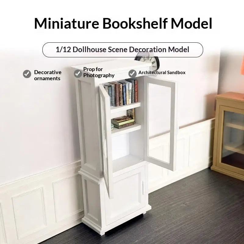 meuble miniature blanc classique maison poupée bibliothèque armoire porte transparente tiroir horloge livresDecoration intérieure