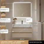 meuble salle bain blanc marbre moderne étagères miroir lumineux accessoires fixations murales