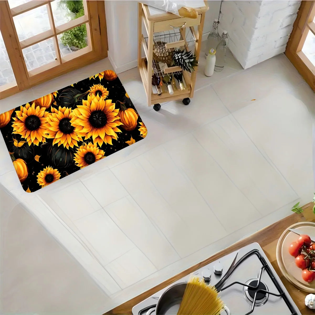 tapis sol moderne fleurs tournesol noir jaune orange vert antidérapant polyesterextérieurintérieur
