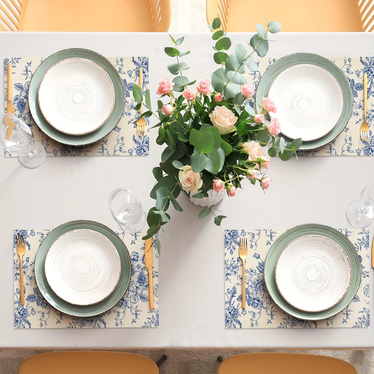 serviettes table classiques lin beige bleu fleuri opaques cuisine décoration festive rectangulaires