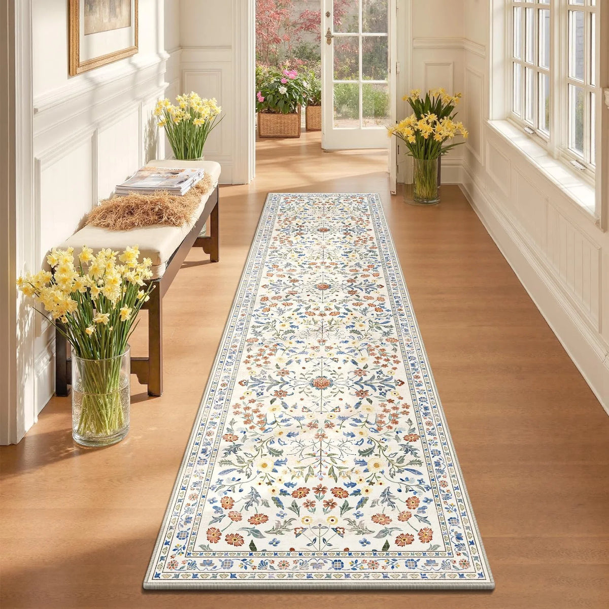 tapis vert floral antidérapant extérieur moderne bordure géométrique fleurs feuilles classique