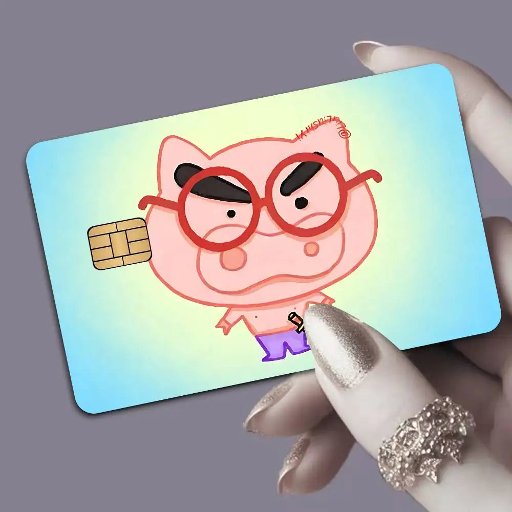 autocollants protection cartes bancaires dessins animés personnages porc oiseau violet vert blanc illustration